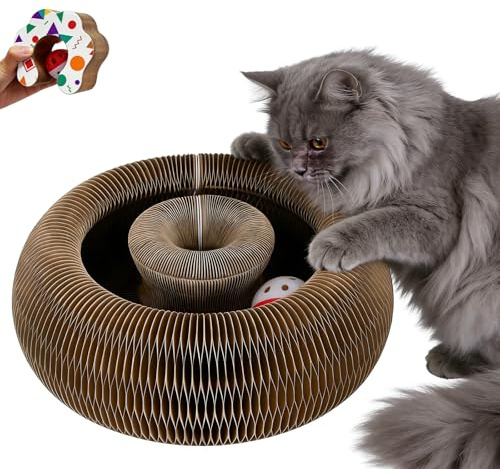 Magic Organ Katzen Kratzkokon, Zusammenklappbares interaktives Katzenspielzeug mit Glockenball, 2-in-1 kratzspielzeug Pappe zum Kratzen, Spielen & Ausruhen – Ideal für Wohnungskatzen