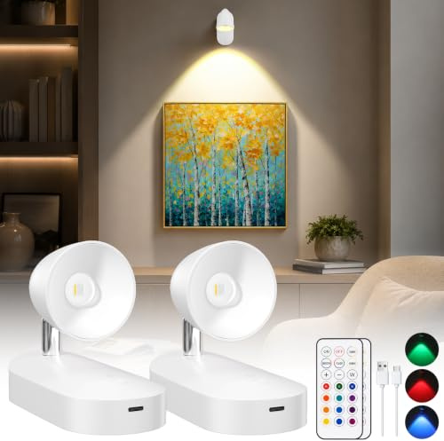 GOODEA RGBW Kabellose Spotlight, 4000mAh Akku Wandleuchte mit Fernbedienung | 130° & 360° drehbare Wandspots, dimmbar, 13 RGB-Farben, bohrfreie Wandlampe mit Timer & Memory für Bildbeleuchtung, Wanddeko