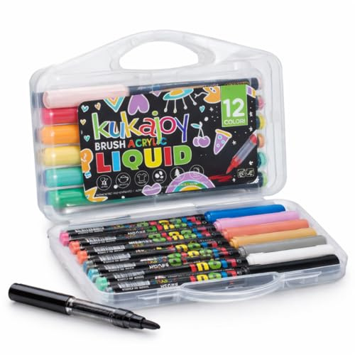 CARTOSPEDÌA 12 Pennarelli Acrilici Brush - Acrylic Liquid Multisuperficie per Carta Legno Vetro Ceramica Plastica Tessuti – Punta Pennello Flessibile per Decorazioni e DIY