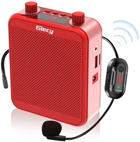 Amplificador de Voz Portátil con Micrófono Inalámbrico UHF, Batería de 2800mAh, ReproductorTF/USB, Radio FM y Grabador para Profesores, Tours y Eventos(Rojo)