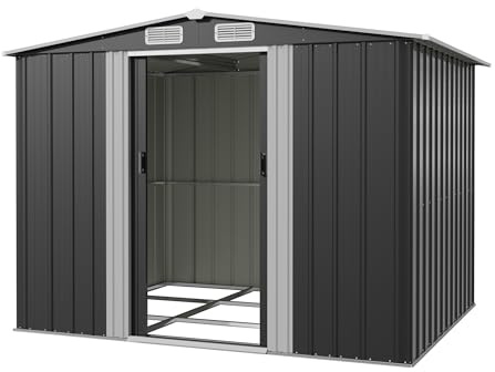 Devoko Gerätehaus Metall Groß, 234 x 200 x 192 cm, 8.9 m³ Geräteschuppen mit Fundament, Schiebtür und Pultdach, Inkl. Handschuhe, Gartenschuppen für Rasenmäher Fahrräder, Anthrazit