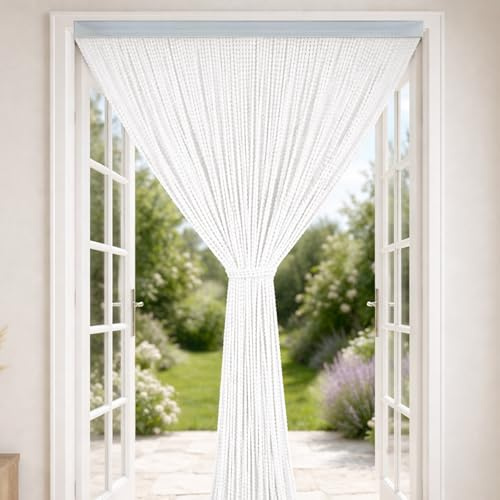 Susanna Home Tenda a Pannello Antimosche con Frange a Fili Regolabili Morbidi - Moschiera Antizanzare - Telaio in PVC con Viti e Tasselli Inclusi - Bianco 140x230 cm