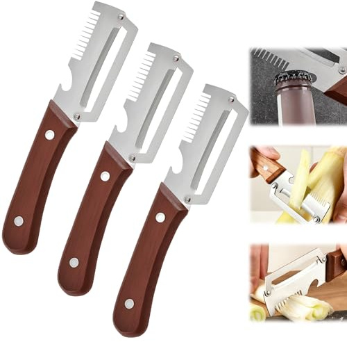 Xivicii 3 Pack 3 in 1 Multifunctional Vegetable Peeler, Multi Function Wooden Hand Held Stainless Steel Kitchen Tool