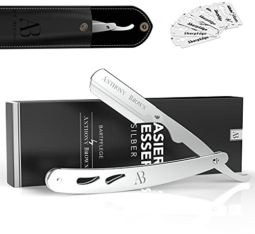 Anthony Brown® Rasiermesser Herren Edelstahl mit Wechselklinge und Etui, Shavette für präzise Nassrasur und Bartkonturen (Silber)