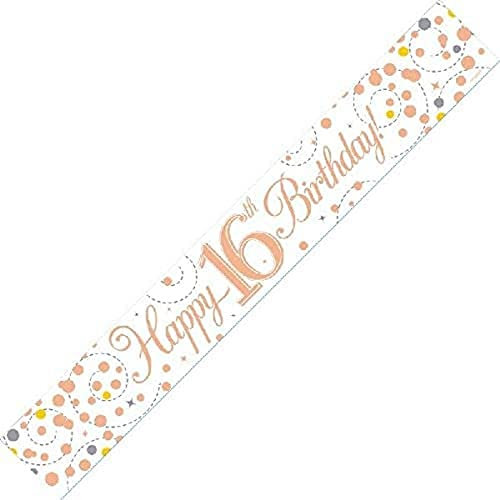 9ft Banner Sparkling Fizz 16th Birthday White & Rose Gold Holographic