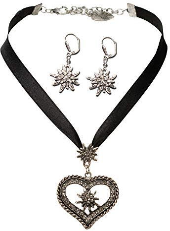 Alpenflüstern Trachtenschmuck-Set Satin-Trachtenkette Strassedelweissherz und Trachten-Ohrhänger Strass-Edelweiss - Damen-Trachten-Schmuck, Trachtenset Kette und Trachten-Ohrringe schwarz SET044