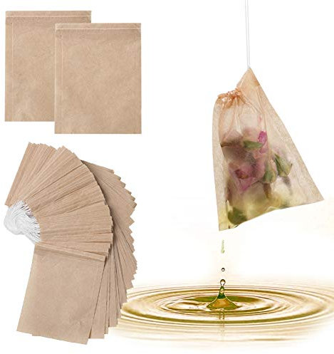 Lot de 300 sachets à thé jetables, 100 % naturel en pâte de bois non blanchi, avec cordon de serrage pour feuilles en vrac, herbes, thé et café