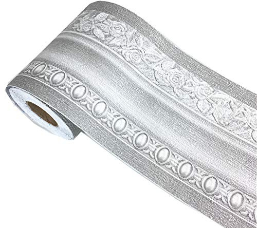 Elegant Floral Grey Wall Border Ceiling Molding Border Peel Stick Home Decorative Shelf Liners Wallpaper Decal Sticker for Bathroom Kitchen Backsplash,10cm by 5m