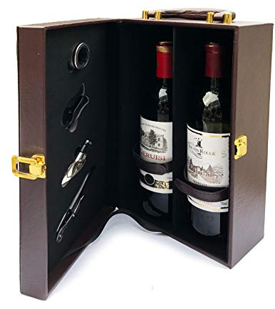 ASC Elegant 2 Bottle Wine Box with Tools - Leather Bound with Carry handle - Cork Screw, Pourer, Foil Cutter, Napkin/Drip Ring (Wine not included)