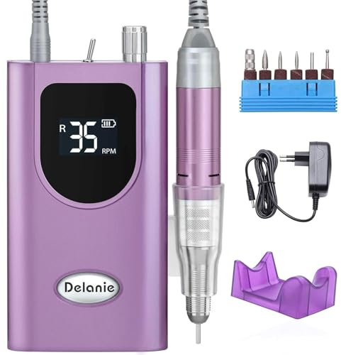Delanie Elektrische Nagelfräser 35.000 U/min, Akku-Nagelfräser für Acrylnägel Nagellack, wiederaufladbare elektrische Nagelfeile mit Nagelbohrern, Verstellbare Geschwindigkeit und Richtung -lila