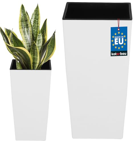 KOTARBAU® macetero cuadrado con maceta interior, 140 x 140 x 265 mm, Blanco mate, con inserto extraíble, de plástico, tiento decorativo, alto para interior y exterior