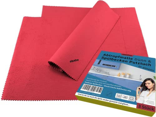 elauelue Abtropfmatte Rot aus Mikrofaser - Geschirrabtropfmatte für Geschirr & Glas - Waschbar 60°C - Zuschneidbar - 3er-Set 38x34 cm