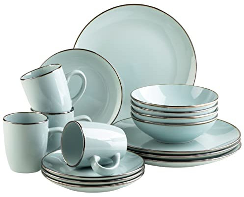Set di stoviglie moderne per 4 persone con bordo in ottone, servizio combinato da 16 pezzi con stampi senza bordi, colore menta