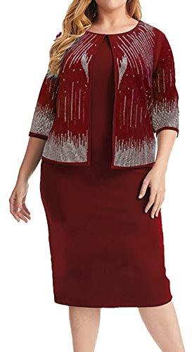 Élégante robe deux pièces à col rond et manches 3/4 pour femme, Rouge, XL