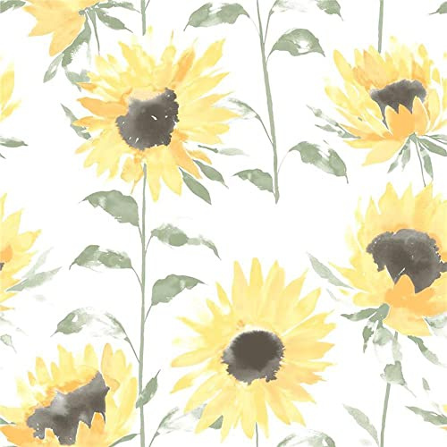 Painted Sunflower Yellow Wallpaper - Floral Flowers Nature White Green - Textured Modern Feature Wall