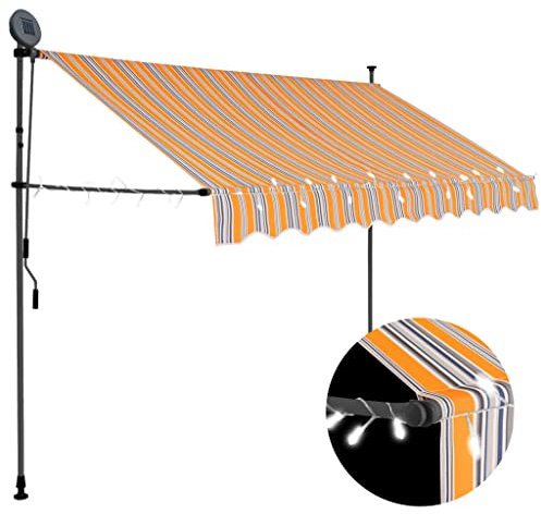 Homgoday Manual Retractable Awning with LED,Waterproof Polyester Canopy with PU Coating,UV Resistant Sun Shelter, Hand Crank Operation, 300 cm Folding Arm Awning for Garden, Patio, Balcony and Terrace