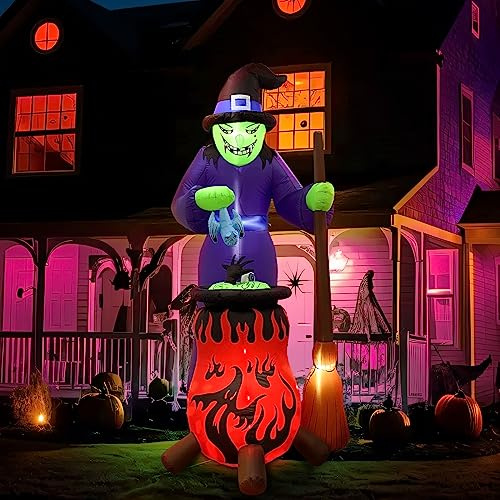Halloween Deko XXL Hexe mit drehendem Kessel Indoor+Outdoor, selbst aufblasend, mit Halterungen, LED beleuchtet, wasserdicht, CE und TÜV Zertifiziert