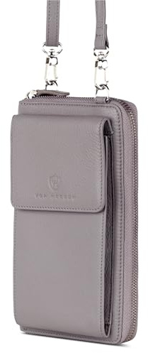 VON HEESEN Leder Handy-Geldbörse mit RFID-Schutz - Handytasche mit Portemonnaie für Damen & Herren aus echtem Leder - Wallet mit Münzfach - Geldbeutel für Frauen und Männer in Grau