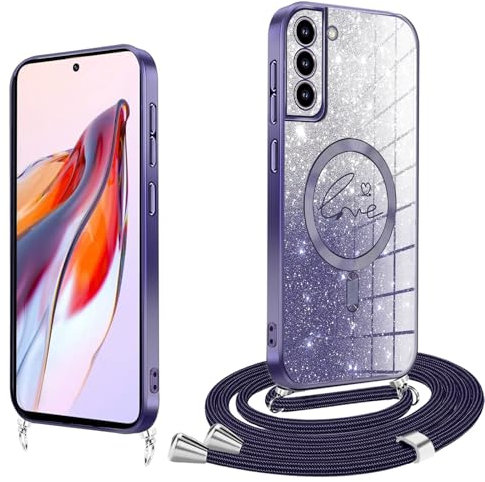 Handykette für Samsung Galaxy S21 5G Hülle mit Band [Kompatibel mit MagSafe] Glitzer Handyhülle Samsung S21 mit Band Silikon Hülle zum Umhängeband Samsung S21 5G Schutzhülle mit Kette Case mit Kordel