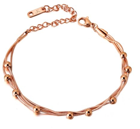 KIM JOHANSON® Edelstahl Damen Armband *Kala* in Roségold | Armkette mit vielen festen Kugeln | Wasserfest | Boho Schmuck für Frauen | Kreise | Multi Layer | Verstellbare Länge | Inkl. Schmuckbeutel