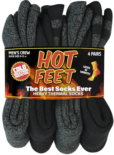 HOT FEET Thermal Socks for Men 2/4 Pack, Extreme Cold Boots Socks -Winter Insulated Socks, Cold Weather Size 6-12, Charcoal Grey Stripe-grey Marl, 4.5-12 UK