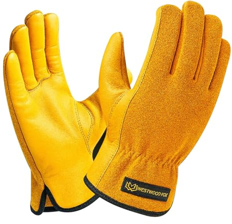 WESTWOOD FOX Gartenhandschuhe für Herren, dornensichere Gartenhandschuhe Herren-Arbeitshandschuhe für Damen Montage robuste Arbeitshandschuhe aus Leder Griffigkeit atmungsaktiv (Gelb, S)