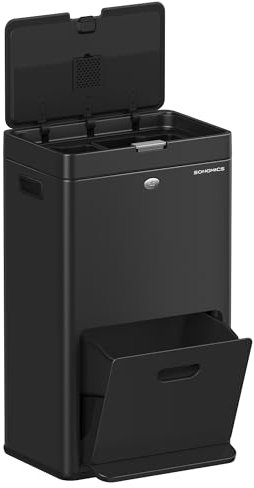 SONGMICS Kitchen Bin, 2 x 4.4 Gallon (2 x 17 L) and 6.7 Gallon (26 L) Volumes, 3-Compartment Bin for General Waste, Food Waste, and Recycling, Carbon Filter, Wide Pedal, Black LTB550B01