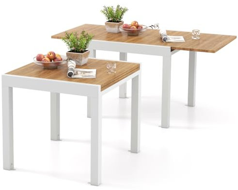 COSTWAY Table de Jardin Extensible en Aluminium Ajustable de 80 à 160 CM, Table à Manger Extérieure Rectangulaire pour 4-6 Personnes, pour Cour Terrasse Jardin Piscine (Blanc+Naturel)