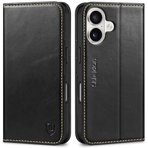 SHIELDON Klapphülle für iPhone 16 6,1 5G 2024, Retro Schwarz | Kartenfach, Standfunktion, Verdichtetes TPU, Magnetisch Handyhülle, Stoßfest Schutzhülle, Klapphülle, Lederhülle