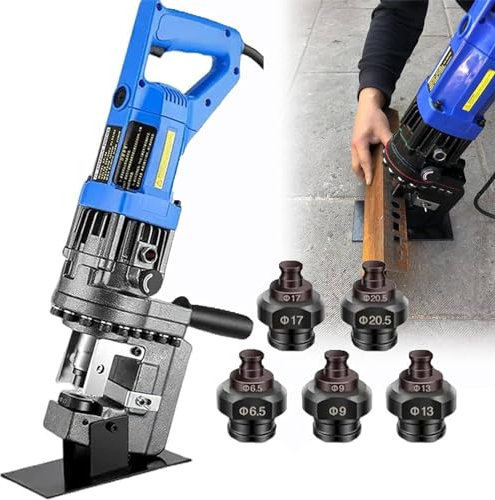 Punzonadora HidráUlica Perforadora hidráulica eléctrica, perforadora hidráulica de Φ1/4-4/5, 1200 W, perforadora de metal con cepillo de carbón, 5 matrices, interruptor de pie para acero,
