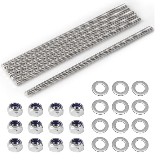 MIGUBIGU 6 Stück Gewindestange Edelstahl M8 x 200 mm, Vollgewindestange M8 | mit 12 Sechskantmutter und Unterlegscheiben, DIN 975, Gewindestab für Montage von Möbeln und Industrielle Fertigung
