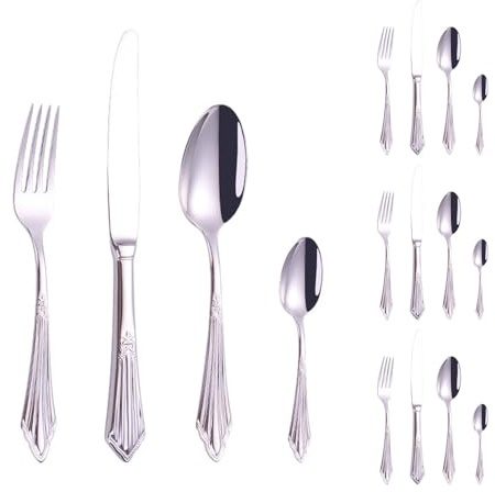 Embossed Handle Kitchen Stainless Steel Silverware Tableware Flatware Cutlery Set Steak Knife Fork Spoon Teaspoon (Silver,16 Pieces)