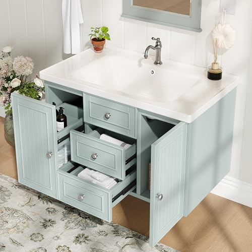 Dolamaní Badmöbel Set Waschtisch mit Unterschrank hängend 78.5×46×46.8cm, Schrank Badmöbel mit 3 Schubladen, viel Stauraum (Grün C)
