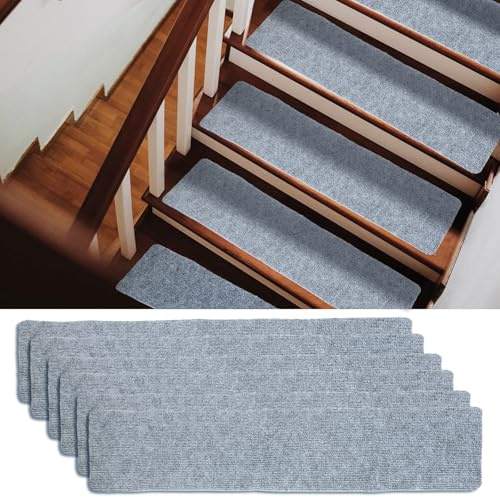 Oungy 15 Pcs Carpet Stair Treads, 76 x 20cm Non Slip Stair Carpet Treads, Peel and Stick Stair Tread Self-Adhesive Carpet Stair Mats for Pets Elders - Grey