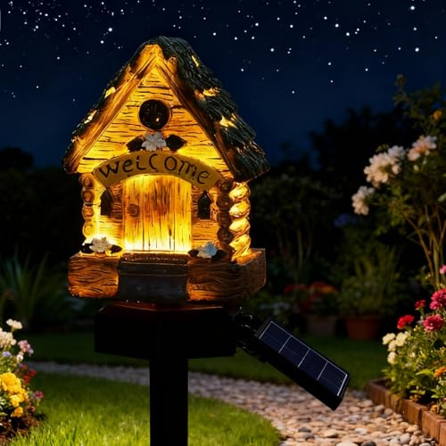 Iridsmole Wooden Cottage Lights, Solar Garden Lights, Fairy Tale Ornament, Waterproof Powered Pathway Light, Stake Lights for Outdoor, Miniature Garden Decoration for Walkway