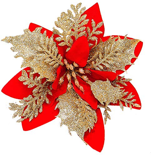 Xmastell 15Pcs Poinsettia Artificial Flowers Decorations, Glitter Christmas Flowers Ornaments, Christmas Tree Decorations Flowers, with Clipsfor Xmas/Wreath/Garland Decor, 14cm Red