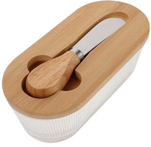 UKCOCO Mantequera de Vidrio con Tapa Hermética y Cortador Bandeja Transparente para Mantequilla y Queso Almacenamiento Fresco para Encimera y Frigorífico Incluye Cuchillo para Untar y
