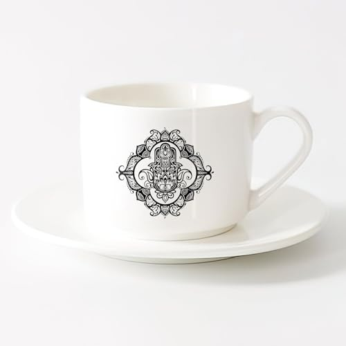 AYUEHBN Coffee Mug with Handle - Classic Ceramic Hamsa Lotus Ornament （6oz/175ml） Dishwasher Microwave Safe,for Office and Home ，Sets Tea Cup with Saucers (White)