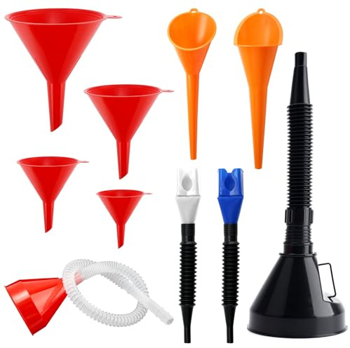 10 Piezas Embudo Aceite Motor,Embudo Gasolina,Embudos de Plástico Flexible Angulo Recto,Embudos Flexible con Manguera,Filtro,embudo Largo para Coche, Taller y Hogar