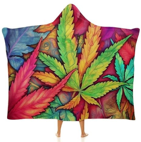 MultiColor Leaf Weed Art Wearable Blanket Hoodie Cozy Oversized Pullover with Hood Soft Fleece Lounge Wear