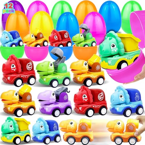 corgi butt 12Pack Jumbo Easter Eggs Filled with Dinosaur Pull Back Cars, Easter Eggs with Toys Inside Pull Back Construction Vehicles Kids Boys Girls Basket Stuffers Fillers Egg Hunt Gifts,4inches