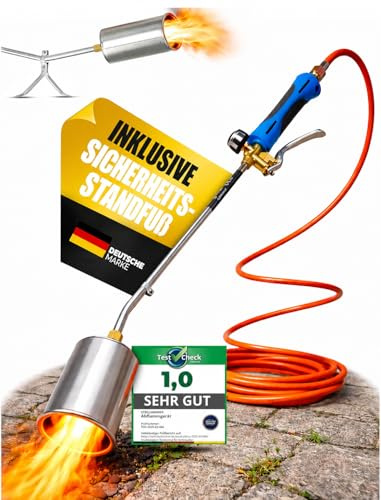 STAHLMANN Désherbeur thermique [1850°] pour une lutte efficace contre les mauvaises herbes - Brûleur en acier inoxydable - Désherbeur avec flamme réglable (avec tuyau de gaz et réducteur de pression)