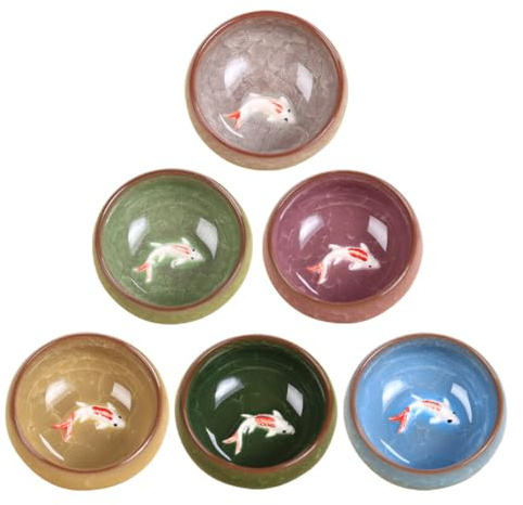 MALUGOGO Juego de 6 tazas de té creativas y delicadas con patrón de peces, cerámica con aislamiento térmico para ocio, hora del té y uso en restaurantes