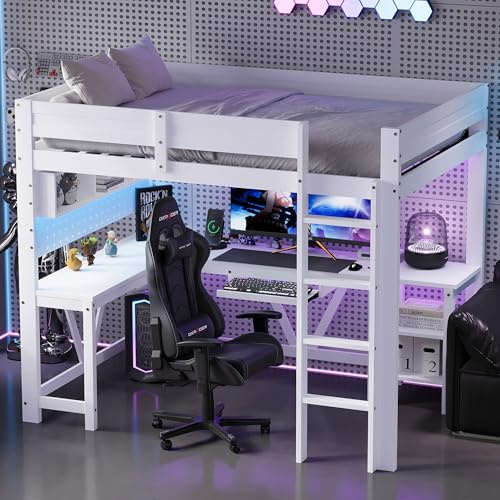 Xwiny Kinderbett 90x200 cm mit LED-Beleuchtung und USB-Ladestation, Hochbett mit Schreibtisch und Aufbewahrungsfach, Holzrahmen, Weiß(Ohne Matratze)