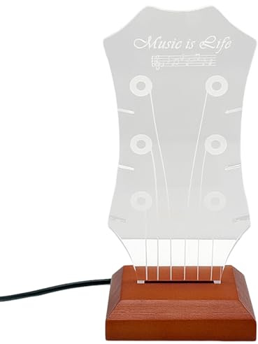 BOSREROY Plockhållare i trä med 7-färgs LED-ljus, gitarrplektrum i huvudmaterial formad plektrumhållare, USB-driven gitarrplektrumvisningsstativ för skrivbordsdekoration, 8,4 x 7,9 x 18,3 cm, 8,5 x 8
