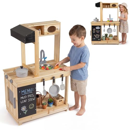 Maxmass Kids Mud Kitchen with Stoves, Sink, Faucet, Cooking Accessories | Outdoor Children Play Kitchen Pretend Toy Kitchen for 3+ Years Old Boys Girls