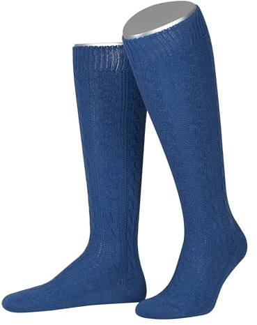 Lusana Trachtenkniestrümpfe mit Merino-Schurwolle für Herren & Damen | Kniestrümpfe Trachten mit 6 Zöpfen und verstärkter Ferse und Spitze | Mittelblau | Größe 42-43 | Qualität aus Deutschland