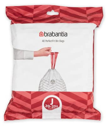 Brabantia PerfectFit Bin Liners Size J (23 Litre), White,115608 Thick Plastic Trash Bags with Tie Tape Drawstring Handles (40 Bag)
