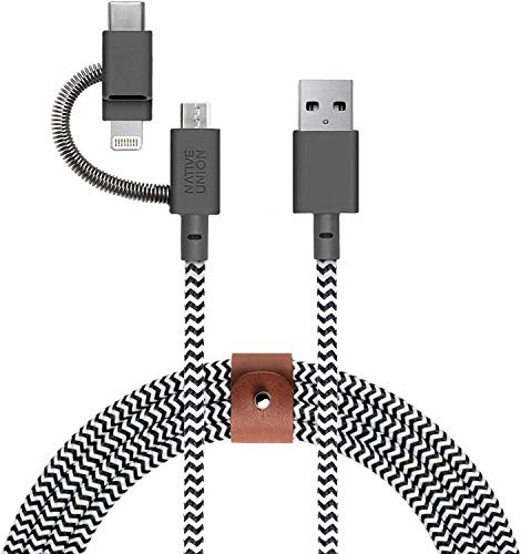 Native Union Belt Cable Universal - 2m (6,5 ft) Langes, Ultrastarkes, [MFi-Zertifiziert], Verstärktes Ladekabel mit 3-in-1 Adapter für Lightning-, USB-C- und Micro-USB-Geräte (Zebra)