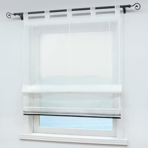 ESLIR Raffrollo mit Schlaufen Raffgardinen Gardinen Küche Transparent Schlaufenrollo mit Satinband Vorhänge Modern Voile Weiß BxH 80x155cm 1 Stück